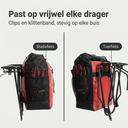 Cheqo® Fietstas - Enkele Fietstas - Fietstas Rood - Waterdichte Fietstas - Fietstas Achter - Fietstas Achterdrager - Fietstas voor Achterdrager - Fietstas Zijkant - Fietstas met Zijvak - Fietstas voor Woon-Werkverkeer