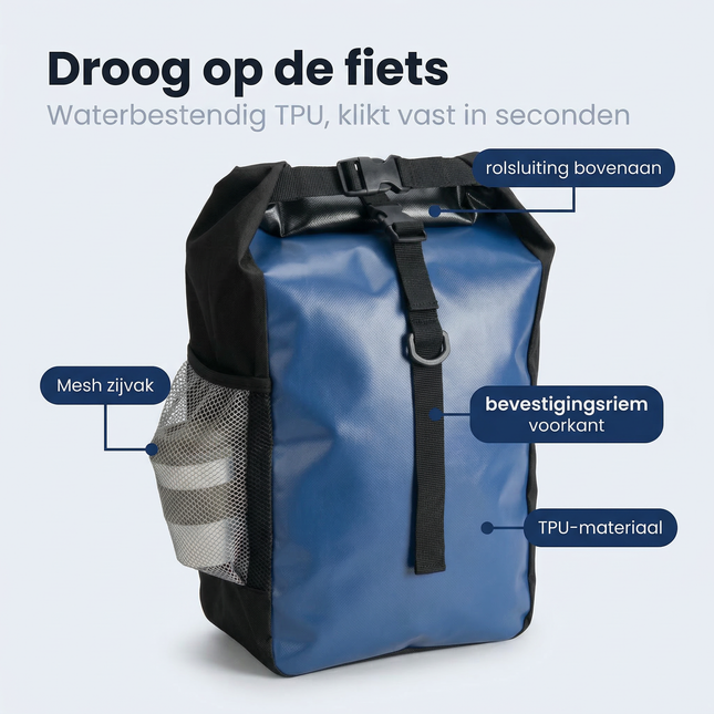 Cheqo® Fietstas - Enkele Fietstas - Fietstas Achter - Fietstas Achterop - Fietstas Bagagedrager - Fietstas Blauw - Waterdichte Fietstas - Fietstas met Clips - Fietstas met Klittenband - Fietstas met Mesh Vak