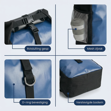 Cheqo® Fietstas - Enkele Fietstas - Fietstas Achter - Fietstas Achterop - Fietstas Bagagedrager - Fietstas Blauw - Waterdichte Fietstas - Fietstas met Clips - Fietstas met Klittenband - Fietstas met Mesh Vak