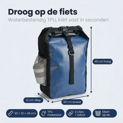Cheqo® Fietstas - Enkele Fietstas - Fietstas Achter - Fietstas Achterop - Fietstas Bagagedrager - Fietstas Blauw - Waterdichte Fietstas - Fietstas met Clips - Fietstas met Klittenband - Fietstas met Mesh Vak