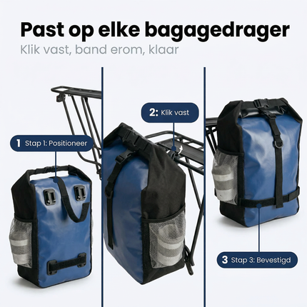 Cheqo® Fietstas - Enkele Fietstas - Fietstas Achter - Fietstas Achterop - Fietstas Bagagedrager - Fietstas Blauw - Waterdichte Fietstas - Fietstas met Clips - Fietstas met Klittenband - Fietstas met Mesh Vak