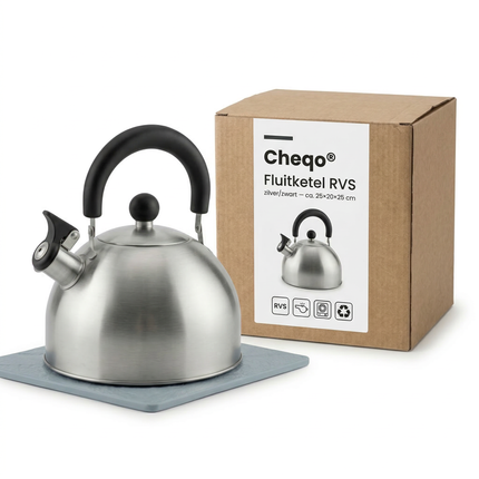 Cheqo® Fluitketel - Waterketel - Fluitketel Zwart - Fluitketel Rvs Zwart - Waterketel met Fluitje - Fluitketel met Fluit - Rvs Fluitketel - Fluitketel Zilver Zwart
