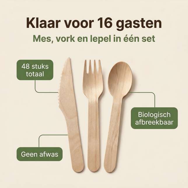 Cheqo® Houten Bestekset - Houten Bestek - Houten Wegwerpbestek - Wegwerpbestek Hout - Wegwerp Bestekset - Wegwerpbestek Set - Bestekset 48 Delig - Bestekset Wegwerp - Wegwerp Messen Vorken Lepels