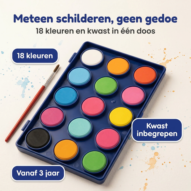 Cheqo® Waterverf Set - Waterverf 18 Kleuren - Waterverf met Kwast - Waterverf met Penseel - Aquarelverf Set - Aquarelverf 18 Kleuren - Verfdoos Waterverf - Waterverf Napjes - Waterverf Palet