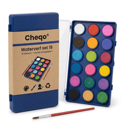 Cheqo® Waterverf Set - Waterverf 18 Kleuren - Waterverf met Kwast - Waterverf met Penseel - Aquarelverf Set - Aquarelverf 18 Kleuren - Verfdoos Waterverf - Waterverf Napjes - Waterverf Palet