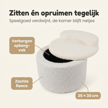 Cheqo® Kinderpoef met Opbergruimte - Poef met Opbergruimte - Opbergpoef - Kinderpoef - Kinder Opbergpoef - Ronde Kinderpoef - Witte Kinderpoef - Witte Poef met Opbergruimte - Poef Kinderkamer