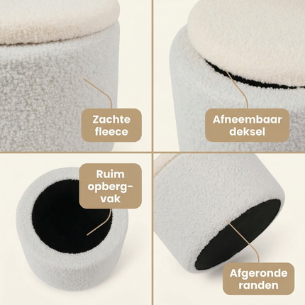 Cheqo® Kinderpoef met Opbergruimte - Poef met Opbergruimte - Opbergpoef - Kinderpoef - Kinder Opbergpoef - Ronde Kinderpoef - Witte Kinderpoef - Witte Poef met Opbergruimte - Poef Kinderkamer