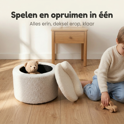 Cheqo® Kinderpoef met Opbergruimte - Poef met Opbergruimte - Opbergpoef - Kinderpoef - Kinder Opbergpoef - Ronde Kinderpoef - Witte Kinderpoef - Witte Poef met Opbergruimte - Poef Kinderkamer