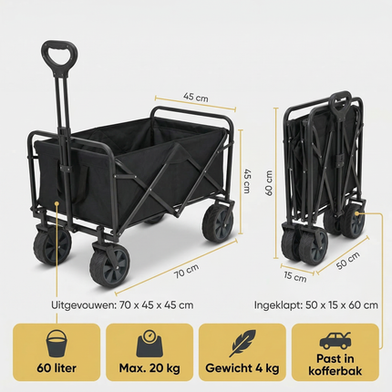 Cheqo® Bolderkar - Opvouwbare Bolderkar - Inklapbare Bolderkar - Bolderwagen - Opvouwbare Bolderwagen - Inklapbare Bolderwagen - Strandkar - Opvouwbare Strandkar - Trekkar - Opvouwbare Trekkar