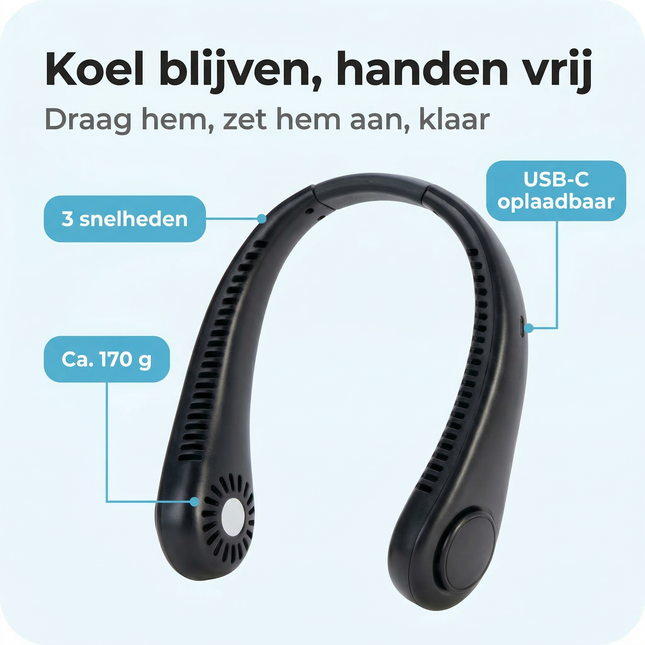 Cheqo® Nekventilator - Nek Ventilator - Neck Fan - Nek Fan - Halsventilator - Hals Ventilator - Draagbare Nekventilator - Nekventilator Oplaadbaar - Nekventilator USB - Nekventilator USB C - Gezichtsventilator
