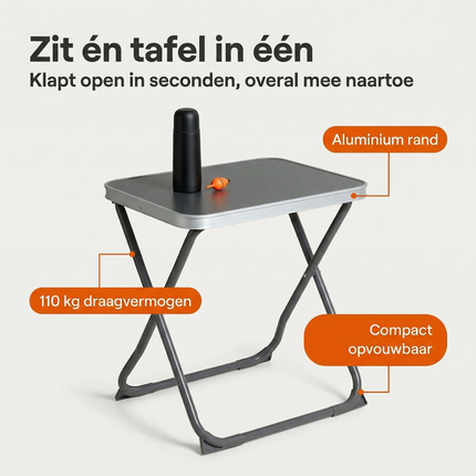Cheqo® Vouwkruk met Tafelblad - Campingstoel met Tafelblad - Vouwstoel met Tafel - Campingstoel met Tafel - Vouwkruk met Tafel - Viskruk met Tafel - Visstoel met Tafel - Opvouwbare Visstoel met Tafel
