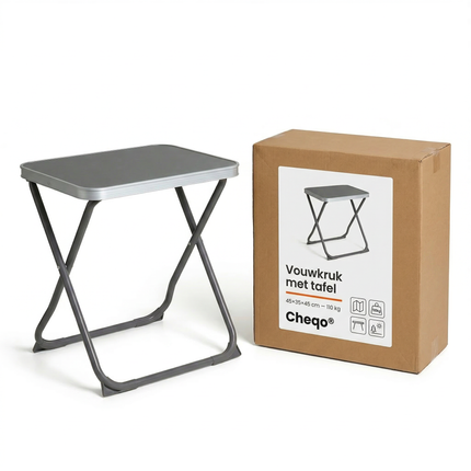 Cheqo® Vouwkruk met Tafelblad - Campingstoel met Tafelblad - Vouwstoel met Tafel - Campingstoel met Tafel - Vouwkruk met Tafel - Viskruk met Tafel - Visstoel met Tafel - Opvouwbare Visstoel met Tafel