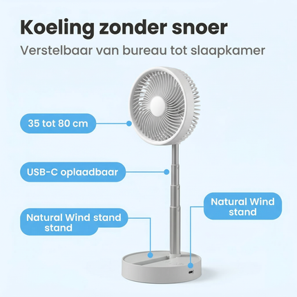 Cheqo® Telescopische Tafelventilator - Oplaadbare Tafelventilator - Draadloze Tafelventilator - USB Oplaadbare Ventilator - USB C Ventilator - Bureau Ventilator - Draagbare Ventilator - Camping Ventilator