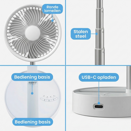 Cheqo® Telescopische Tafelventilator - Oplaadbare Tafelventilator - Draadloze Tafelventilator - USB Oplaadbare Ventilator - USB C Ventilator - Bureau Ventilator - Draagbare Ventilator - Camping Ventilator