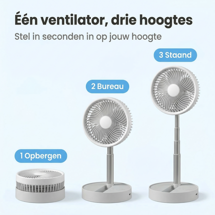 Cheqo® Telescopische Tafelventilator - Oplaadbare Tafelventilator - Draadloze Tafelventilator - USB Oplaadbare Ventilator - USB C Ventilator - Bureau Ventilator - Draagbare Ventilator - Camping Ventilator