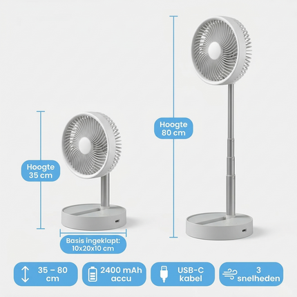 Cheqo® Telescopische Tafelventilator - Oplaadbare Tafelventilator - Draadloze Tafelventilator - USB Oplaadbare Ventilator - USB C Ventilator - Bureau Ventilator - Draagbare Ventilator - Camping Ventilator