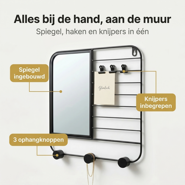 Cheqo® Wandrek met Spiegel - Wandplank met Spiegel - Spiegel met Wandrek - Wandspiegel met Plank - Wandspiegel met Plankje - Wandrek met Haken - Wandrek met Knijpers - Wandrek Badkamer