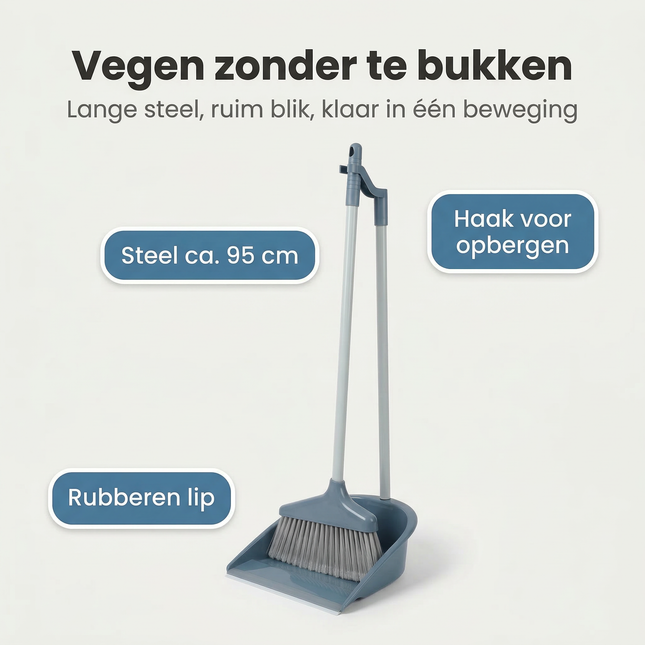 Cheqo® Stoffer en Blik met Lange Steel - Veger en Blik met Lange Steel - Stoffer en Blik Set - Stofblik en Veger - Bezem en Blik - Stoffer en Blik Blauw
