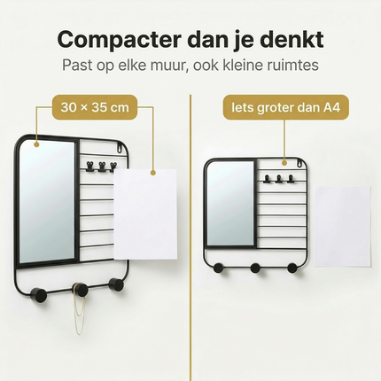 Cheqo® Wandrek met Spiegel - Wandplank met Spiegel - Spiegel met Wandrek - Wandspiegel met Plank - Wandspiegel met Plankje - Wandrek met Haken - Wandrek met Knijpers - Wandrek Badkamer
