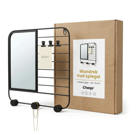 Cheqo® Wandrek met Spiegel - Wandplank met Spiegel - Spiegel met Wandrek - Wandspiegel met Plank - Wandspiegel met Plankje - Wandrek met Haken - Wandrek met Knijpers - Wandrek Badkamer