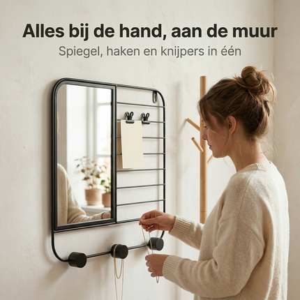 Cheqo® Wandrek met Spiegel - Wandplank met Spiegel - Spiegel met Wandrek - Wandspiegel met Plank - Wandspiegel met Plankje - Wandrek met Haken - Wandrek met Knijpers - Wandrek Badkamer