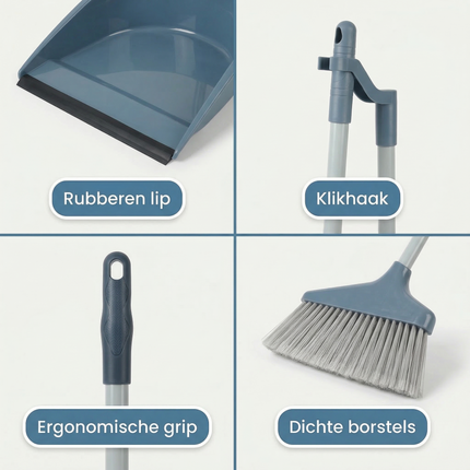 Cheqo® Stoffer en Blik met Lange Steel - Veger en Blik met Lange Steel - Stoffer en Blik Set - Stofblik en Veger - Bezem en Blik - Stoffer en Blik Blauw