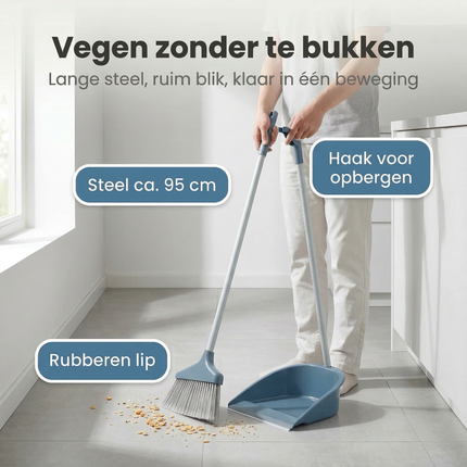 Cheqo® Stoffer en Blik met Lange Steel - Veger en Blik met Lange Steel - Stoffer en Blik Set - Stofblik en Veger - Bezem en Blik - Stoffer en Blik Blauw