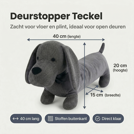 Cheqo® Deurstopper Teckel - Deurstop Hond - Stoffen Deurstopper - Deurstopper Dieren - Deurstop Kinderkamer - Donkergrijze Deurstopper