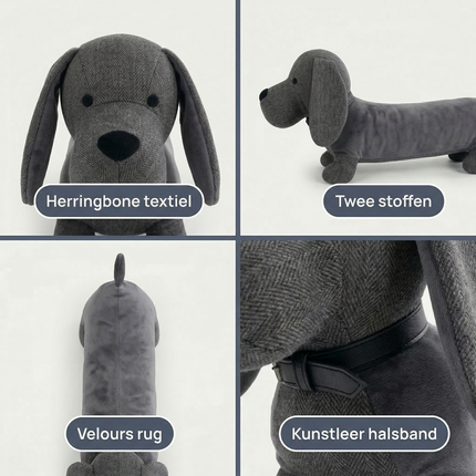 Cheqo® Deurstopper Teckel - Deurstop Hond - Stoffen Deurstopper - Deurstopper Dieren - Deurstop Kinderkamer - Donkergrijze Deurstopper