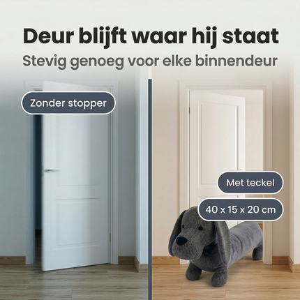 Cheqo® Deurstopper Teckel - Deurstop Hond - Stoffen Deurstopper - Deurstopper Dieren - Deurstop Kinderkamer - Donkergrijze Deurstopper