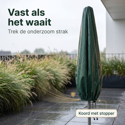 Cheqo® Parasolhoes - Beschermhoes Parasol - Afdekhoes Parasol - Hoes voor Parasol - Staande Parasol Hoes - Waterdicht en Weerbestendig - UV Bestendig - met Rits - Regenhoes - Tuinmeubelhoes - Parasol Cover - Winterhoes voor Tuin - Donkergroen - Volledige reset 26 aug 2026 - Wind en sluiting