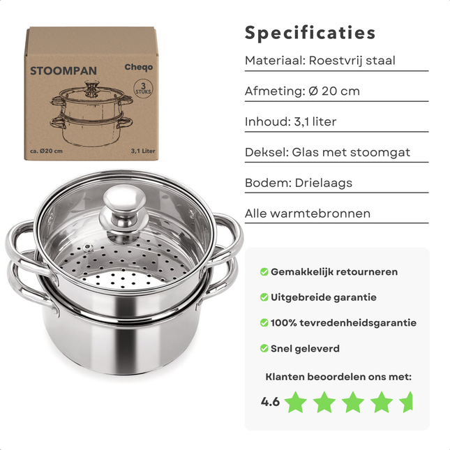 Cheqo® RVS Stoompan - Rijst- en Groentestomer - Handig voor Couscous en Rijst - 3-delig - Inductie - Ø 20 cm - Glazen Deksel