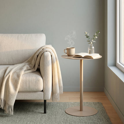 Cheqo® Bijzettafel Rond Beige - Sfeer Woonkamer Daglicht