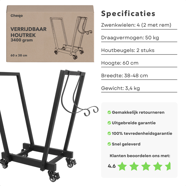 Cheqo® Verrijdbaar Houtrek - Metaal - Houtopslag 50 kg - Houtopslag - Brandhoutrek - Houtberging - Haardhoutopslag - Met Wielen