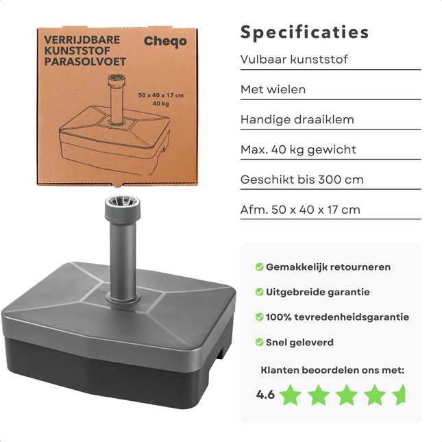 Cheqo® Verrijdbare Kunststof Parasolvoet - Parasolstandaard - Parasol Houder - Parasol Standaard - Vulbaar 40 kg - Met Wielen en Handgreep