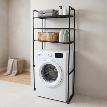 Cheqo opbergrek boven wasmachine in wasruimte met gevulde schappen hero v2