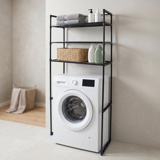 Cheqo opbergrek boven wasmachine in wasruimte met gevulde schappen hero v2