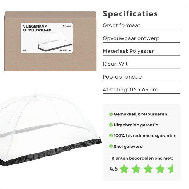 Cheqo® XL Vliegenkap Opvouwbaar - Voedselkapje - Vliegenafdekkapjes - Insectenkapjes - Afdekkap - Extra Groot - Polyester Foodcover voor Buiten Eten