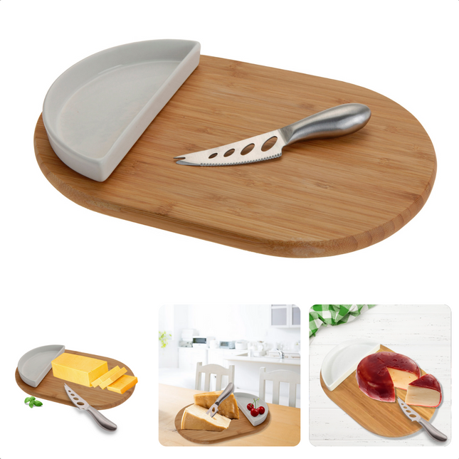 Cheqo® Kaasplank Set - Kaasplankje - Serveerplank - Ovaal Bamboe - 30x19,5cm - Bakje & Mes - Porselein & Roestvrijstaal Kaasplank