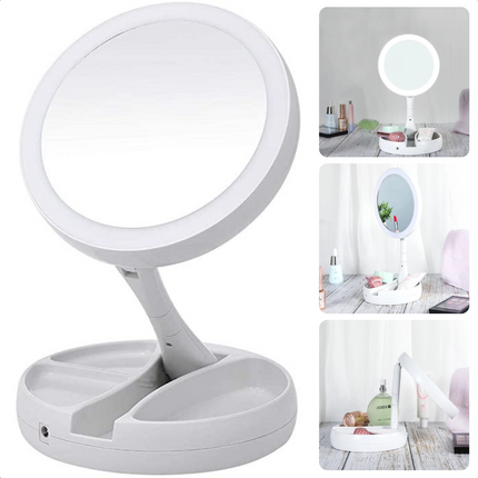Cheqo® Dubbelzijdige Opvouwbare Spiegel - Make Up Spiegel met Verlichting - 10x Vergrotend - Met Opbergvak voor Sieraden - Op Batterijen Make-up spiegels