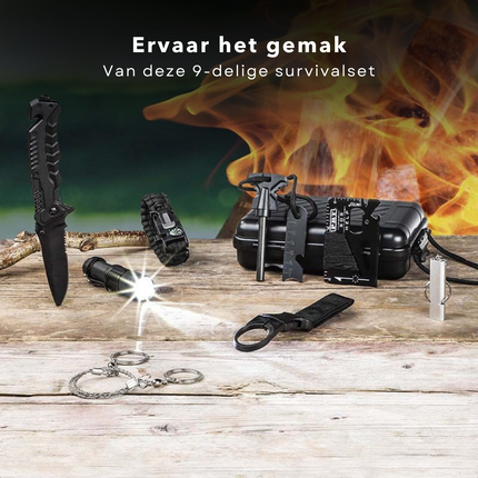 Cheqo® 9-Delige Survivalset - Survivalkit - Noodpakket - Multifunctionele Armband - Zakmes - Kaart - Zaklamp - Waterbestendig - Schokbestendig - 17x10x5cm - 515 gram Survivalset