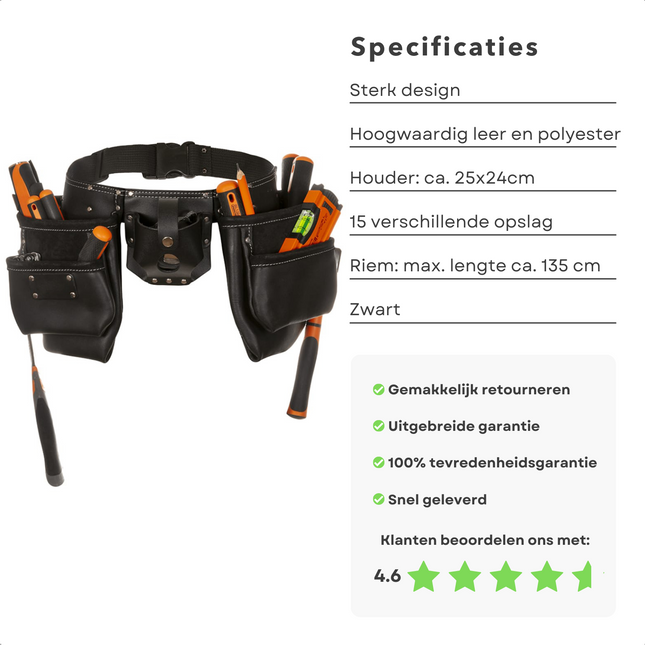 Cheqo® Leren Gereedschapsgordel - Leder - 25x24cm - 15 Opbergmogelijkheden - Verstelbare Riem 135cm - Hoogwaardig Leer & Polyester Gereedschapsgordels