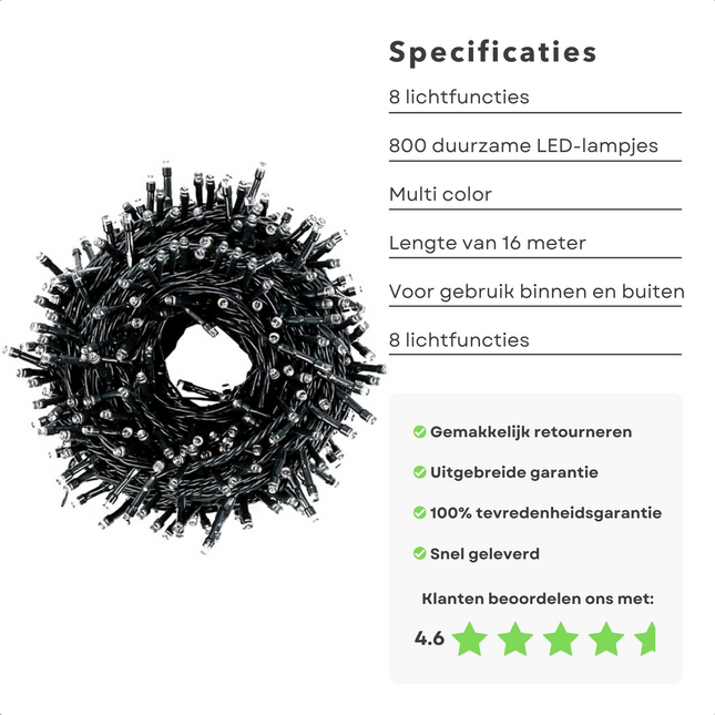 Cheqo® Micro Cluster 800 LED's - 16m - Multicolor - 8 Functies + Geheugen - Sfeervolle Lichteffecten - Feestverlichting - Kerstverlichting - Tuinverlichting - Buitenverlichting - Gekleurde Kerstverlichting - Voor Binnen en Buiten - Clusterverlichting Kerstboomverlichting