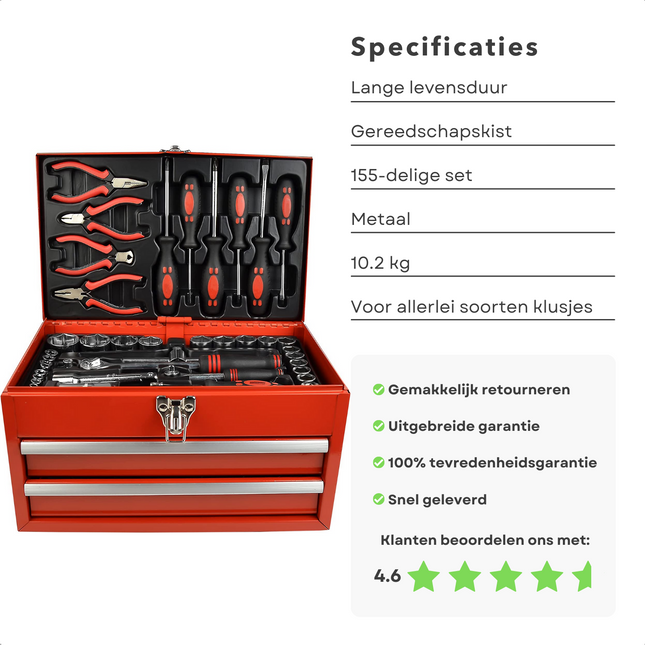 Cheqo® XXL 155-Delige Gereedschapbox - Gereedschapset in Koffer - Gevuld - Tangen - Schroevendraaiers - Gereedschapskist met Laden - 3,6V Staafschroevendraaier - 1/2" & 1/4" Ratel - Bits, Verlengingen & Adapters Gereedschapskoffers