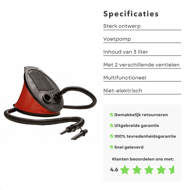 Cheqo® Voetpomp 3 Liter - Opblaaspomp - Zuigen en Opblazen - Leegloopfunctie - Met 2 Opzetstukjes Voetpomp