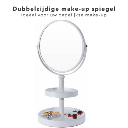 Cheqo® Dubbelzijdige Make-up Spiegel - Vergroot 3x - Matte Finish - 15cm Diameter - 25cm Hoogte - Metaal - 930 gram - Spiegeletagere - Wit Make-up spiegels