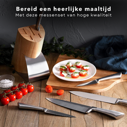 Cheqo® 5-delige Luxe Messenset - Houten Messenblok met RVS Bodem & Voorzijde - Chefmes 20cm, Snijmes 20cm, Broodmes 20cm, Universeelmes 12,5cm, Schilmes 9cm - Anti-slip - Messenset met Houten Blok Messenblokken met messen