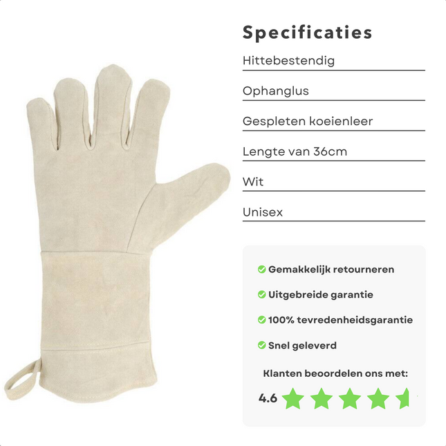 Cheqo® Leren BBQ Handschoen - Barbecue Handschoen - Vuurvaste Ovenwant - 36cm - Hittebestendig - Met Ophanglus - BBQ Accessoire Ovenwant