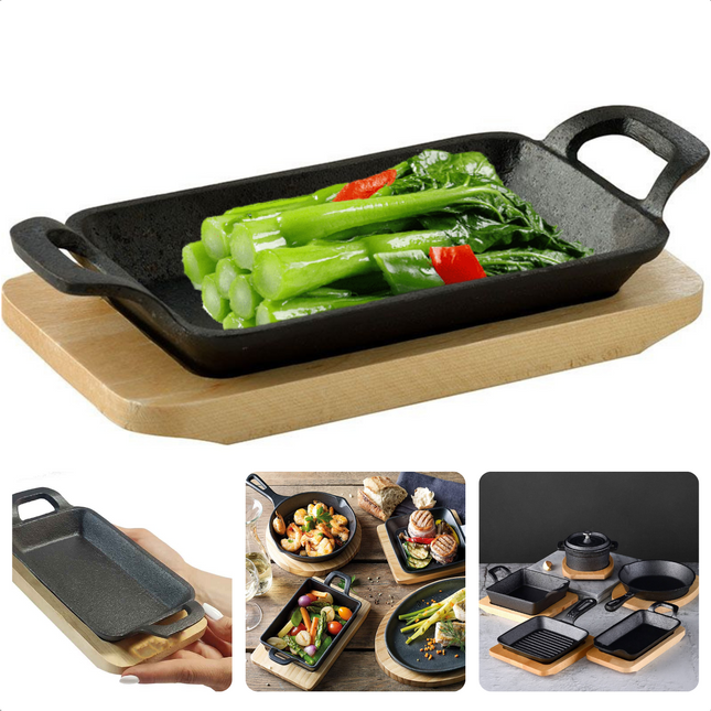 Cheqo® Rechthoekige Mini Pan - Tapaspan - 17x10x3,7cm - Gietijzer - Serveerplank - 20x10x1cm - 785g - Gas, Elektrisch, Keramisch, Halogeen, Oven - Veelzijdig - Vaatwasserbestendig Hapjespan