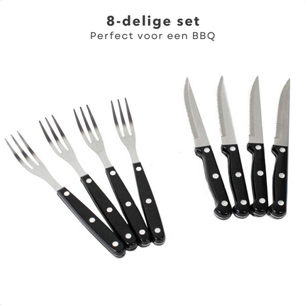 Cheqo® 8-delige Barbecue Bestekset - Steakmes & Vorkset - Kartelmes - Perfect voor BBQ - 4 Messen & 4 Vorken - RVS - 19cm Vorken & 21cm Steakmessen Messensets
